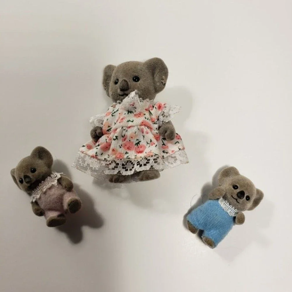 Vintage Flocked Koala Bear Family Lot 3 Mini Miniatures Dollhouse Figures Move